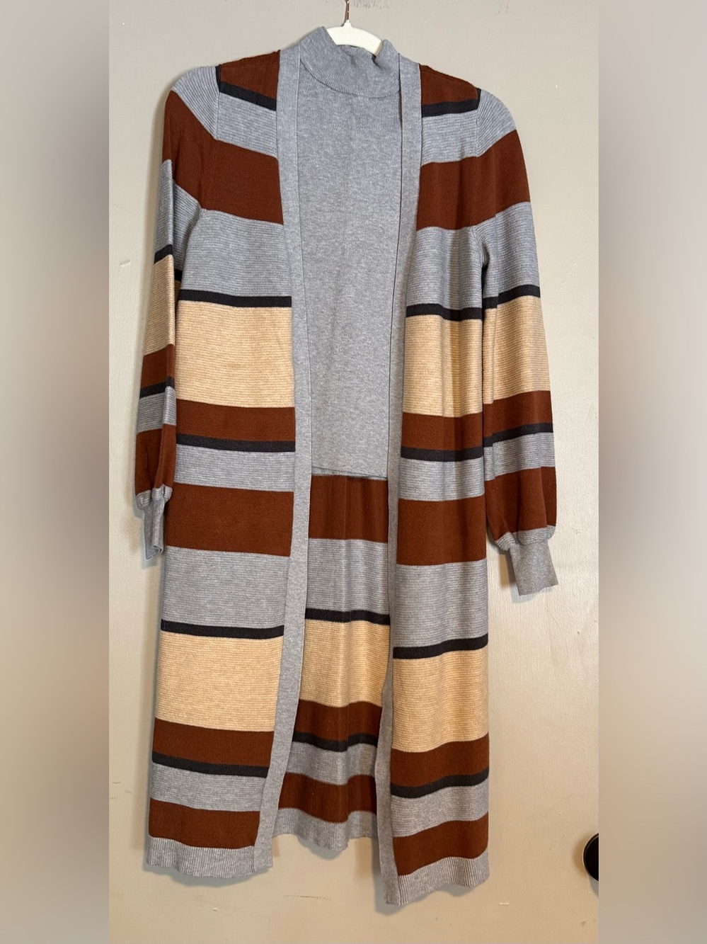 Nine West Gray, Brown & Tan Striped Open Cardigan and sleeveless shirt
